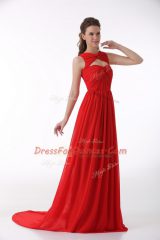 Red Chiffon Zipper Evening Dress Sleeveless Brush Train Ruching