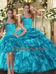 Teal Sleeveless Floor Length Ruffles and Pick Ups Lace Up 15th Birthday Dress