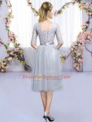 Grey Half Sleeves Tulle Lace Up Quinceanera Dama Dress for Wedding Party