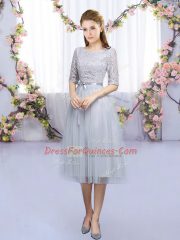 Grey Half Sleeves Tulle Lace Up Quinceanera Dama Dress for Wedding Party