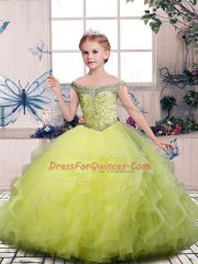 Superior Floor Length Yellow Green Little Girls Pageant Gowns Tulle Sleeveless Beading