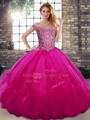 Glittering Fuchsia Off The Shoulder Neckline Beading and Ruffles Quinceanera Dresses Sleeveless Lace Up