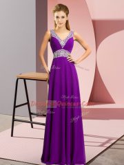 Purple Chiffon Lace Up V-neck Sleeveless Floor Length Evening Dress Beading
