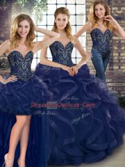 Fabulous Floor Length Lace Up Quinceanera Dresses Navy Blue for Military Ball and Sweet 16 and Quinceanera with Beading and Ruffles