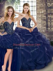 Fabulous Floor Length Lace Up Quinceanera Dresses Navy Blue for Military Ball and Sweet 16 and Quinceanera with Beading and Ruffles