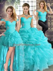 Flirting Off The Shoulder Sleeveless Lace Up Quinceanera Dresses Aqua Blue Organza
