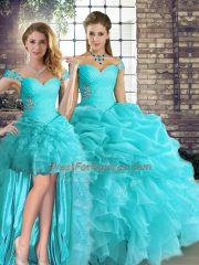 Flirting Off The Shoulder Sleeveless Lace Up Quinceanera Dresses Aqua Blue Organza