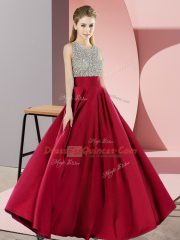 Perfect Wine Red Elastic Woven Satin Backless Scoop Sleeveless Floor Length Beading