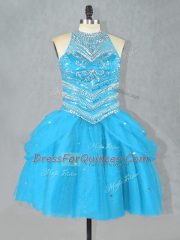 Exceptional Halter Top Sleeveless Juniors Party Dress Mini Length Beading Aqua Blue Tulle