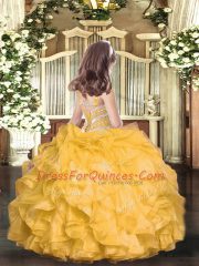 Eye-catching Hot Pink Ball Gowns Organza Straps Sleeveless Beading and Ruffles Floor Length Lace Up Pageant Dress