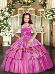 Elegant Lilac Taffeta Lace Up Little Girls Pageant Dress Sleeveless Floor Length Beading and Ruffled Layers