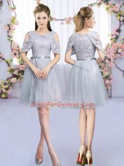 Grey Empire Tulle Scoop Sleeveless Lace and Belt Mini Length Zipper Quinceanera Court Dresses
