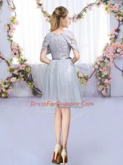 Grey Empire Tulle Scoop Sleeveless Lace and Belt Mini Length Zipper Quinceanera Court Dresses