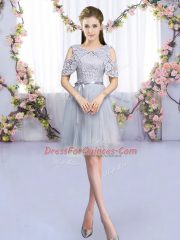 Grey Empire Tulle Scoop Sleeveless Lace and Belt Mini Length Zipper Quinceanera Court Dresses