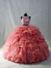 Eye-catching Brush Train Two Pieces Ball Gown Prom Dress Watermelon Red Scoop Organza Sleeveless Floor Length Zipper
