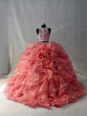Eye-catching Brush Train Two Pieces Ball Gown Prom Dress Watermelon Red Scoop Organza Sleeveless Floor Length Zipper