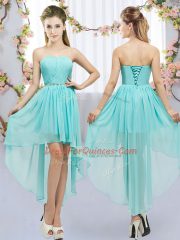 Stunning High Low Lace Up Damas Dress Aqua Blue for Wedding Party with Beading