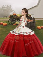 Red Spaghetti Straps Neckline Embroidery Kids Formal Wear Sleeveless Lace Up