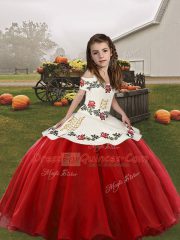 Red Spaghetti Straps Neckline Embroidery Kids Formal Wear Sleeveless Lace Up
