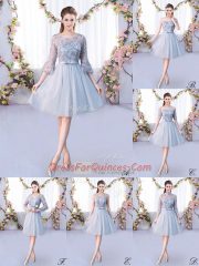 Dynamic Empire Vestidos de Damas Grey Scoop Tulle 3 4 Length Sleeve Knee Length Lace Up