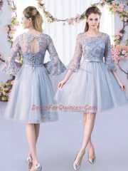 Dynamic Empire Vestidos de Damas Grey Scoop Tulle 3 4 Length Sleeve Knee Length Lace Up