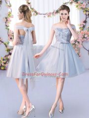 Dynamic Empire Vestidos de Damas Grey Scoop Tulle 3 4 Length Sleeve Knee Length Lace Up