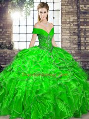 Green Organza Lace Up Ball Gown Prom Dress Sleeveless Floor Length Beading and Ruffles