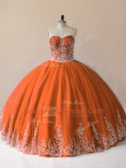 Exceptional Sleeveless Floor Length Embroidery Lace Up Sweet 16 Quinceanera Dress with Orange