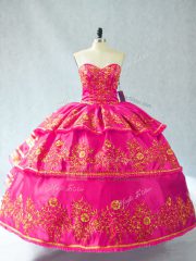 Customized Hot Pink Organza Lace Up Sweetheart Sleeveless 15 Quinceanera Dress Embroidery and Ruffled Layers