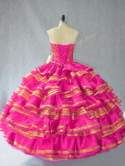 Customized Hot Pink Organza Lace Up Sweetheart Sleeveless 15 Quinceanera Dress Embroidery and Ruffled Layers
