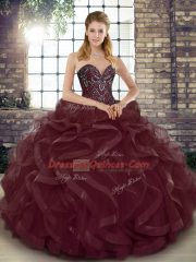 Sweetheart Sleeveless Quinceanera Gowns Floor Length Beading and Ruffles Burgundy Tulle