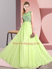 Dazzling Sleeveless Chiffon Floor Length Backless Quinceanera Court of Honor Dress in Yellow Green with Beading and Appliques