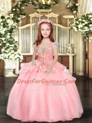 Fashion Pink Lace Up Straps Beading and Ruffles Girls Pageant Dresses Organza Sleeveless