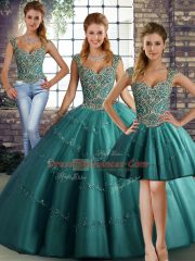 Customized Teal Straps Neckline Beading and Appliques Quinceanera Gowns Sleeveless Lace Up