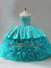Hot Selling Sleeveless Brush Train Lace Up Embroidery and Ruffles Sweet 16 Quinceanera Dress
