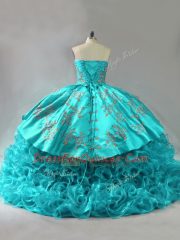 Hot Selling Sleeveless Brush Train Lace Up Embroidery and Ruffles Sweet 16 Quinceanera Dress