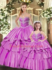 Beading and Ruffled Layers Quinceanera Dress Lilac Lace Up Sleeveless Floor Length
