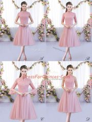 Fashionable High-neck Cap Sleeves Court Dresses for Sweet 16 Tea Length Lace Pink Tulle