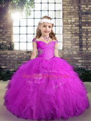Sweet Fuchsia Ball Gowns Straps Sleeveless Tulle Floor Length Lace Up Beading and Ruffles Little Girl Pageant Gowns