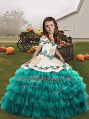 Exquisite Sleeveless Lace Up Floor Length Embroidery and Ruffled Layers Little Girls Pageant Dress Wholesale