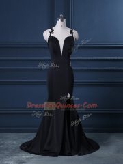 Black Prom Dress Satin Brush Train Sleeveless Lace