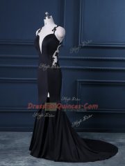 Black Prom Dress Satin Brush Train Sleeveless Lace