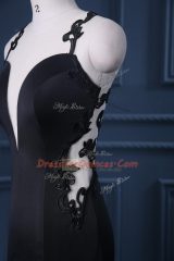Black Prom Dress Satin Brush Train Sleeveless Lace