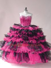 Unique Pink And Black Sweet 16 Quinceanera Dress Organza Sleeveless Beading and Ruffled Layers