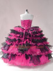 Unique Pink And Black Sweet 16 Quinceanera Dress Organza Sleeveless Beading and Ruffled Layers