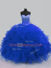 Royal Blue Sleeveless Tulle Lace Up Ball Gown Prom Dress for Sweet 16 and Quinceanera