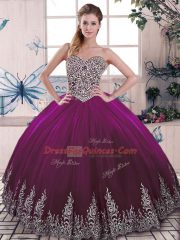 Admirable Fuchsia Lace Up Sweetheart Beading and Embroidery Ball Gown Prom Dress Tulle Sleeveless