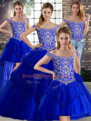 Top Selling Royal Blue Sleeveless Brush Train Beading and Lace Vestidos de Quinceanera
