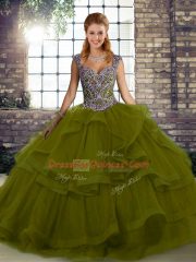 Olive Green Straps Lace Up Beading and Ruffles Ball Gown Prom Dress Sleeveless