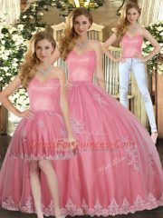 Best Selling Watermelon Red Ball Gowns Tulle Sweetheart Sleeveless Appliques Floor Length Lace Up Sweet 16 Dresses